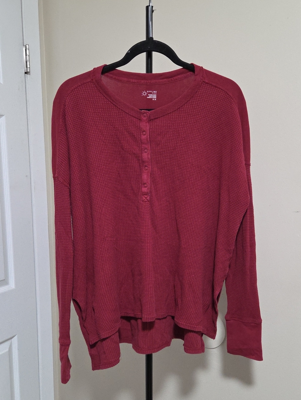 aerie Burgundy Waffle-Knit Long Sleeve Henley